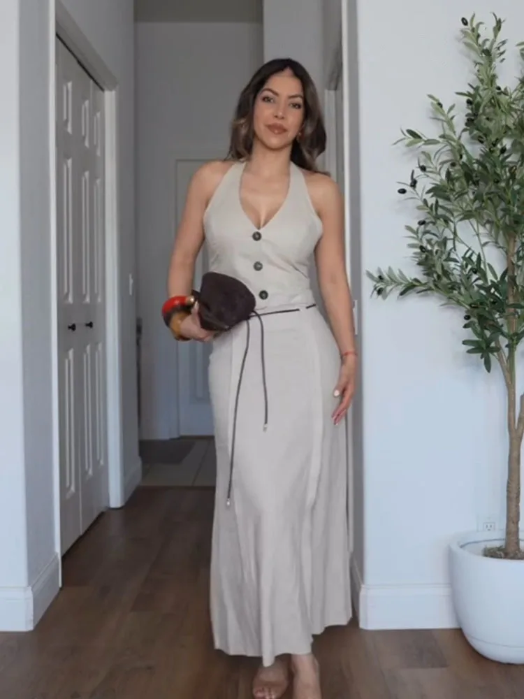 

HH летние модные модные комплекты с юбкой, однобортные топы без рукавов с v-образным вырезом + длинная юбка на молнии с высокой талией, женский костюм