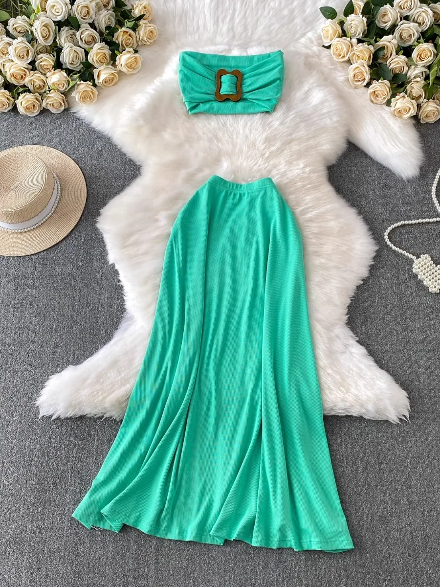 

Foamlina Vacation Sexy Buttoned Knit tube crop Top & High Waist Flowy Skirt Set Women Two Piece Outfit Slim Fit Summer Holiday