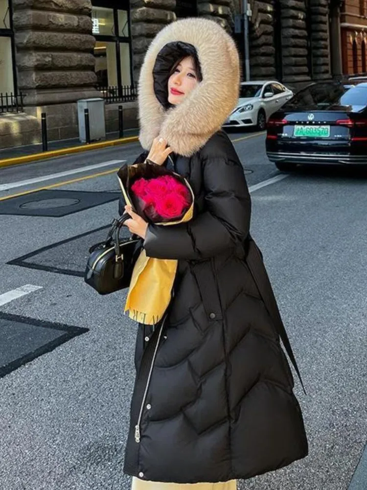 Jaqueta feminina com gola de pele de raposa, estilo longo, inverno 2025, acima do joelho, cintura, pato branco