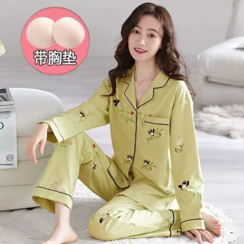 

Женские пижамы из чистого хлопка весна/осень со встроенными подушечками для бюстгальтера, длинными брюками с длинными рукавами, высококачественный кардиган, домашняя одежда