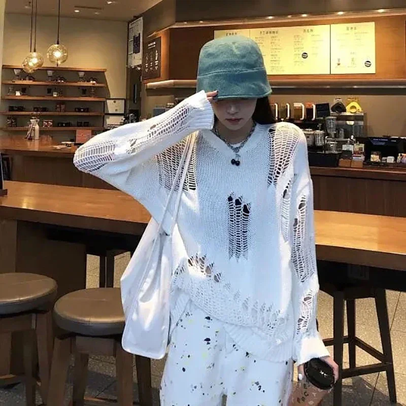 Gothic Punk Hole Sweaters Women Streetwear Harajuku Sweaters Hollow Out Broken Knitted Jumper Woman Pullover Sweater Wholesale