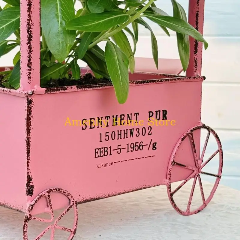 F26C Elegant Retro Iron 4 Wheel Flower Cart Basin For Garden Balcony With Multilayer Display And Easy Mobility