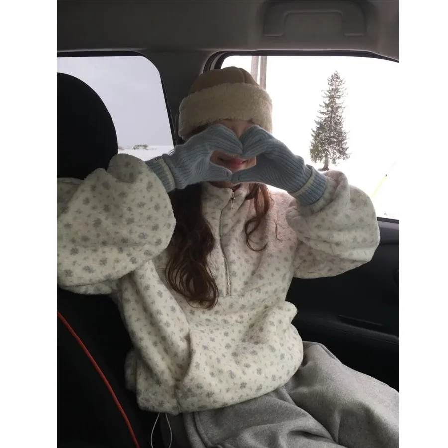 

Корейский свитер с воротником-стойкой Sweet Fre, большой свитшот с цветочным принтом, универсальный антивозрастной топ из меха ягненка для женщин