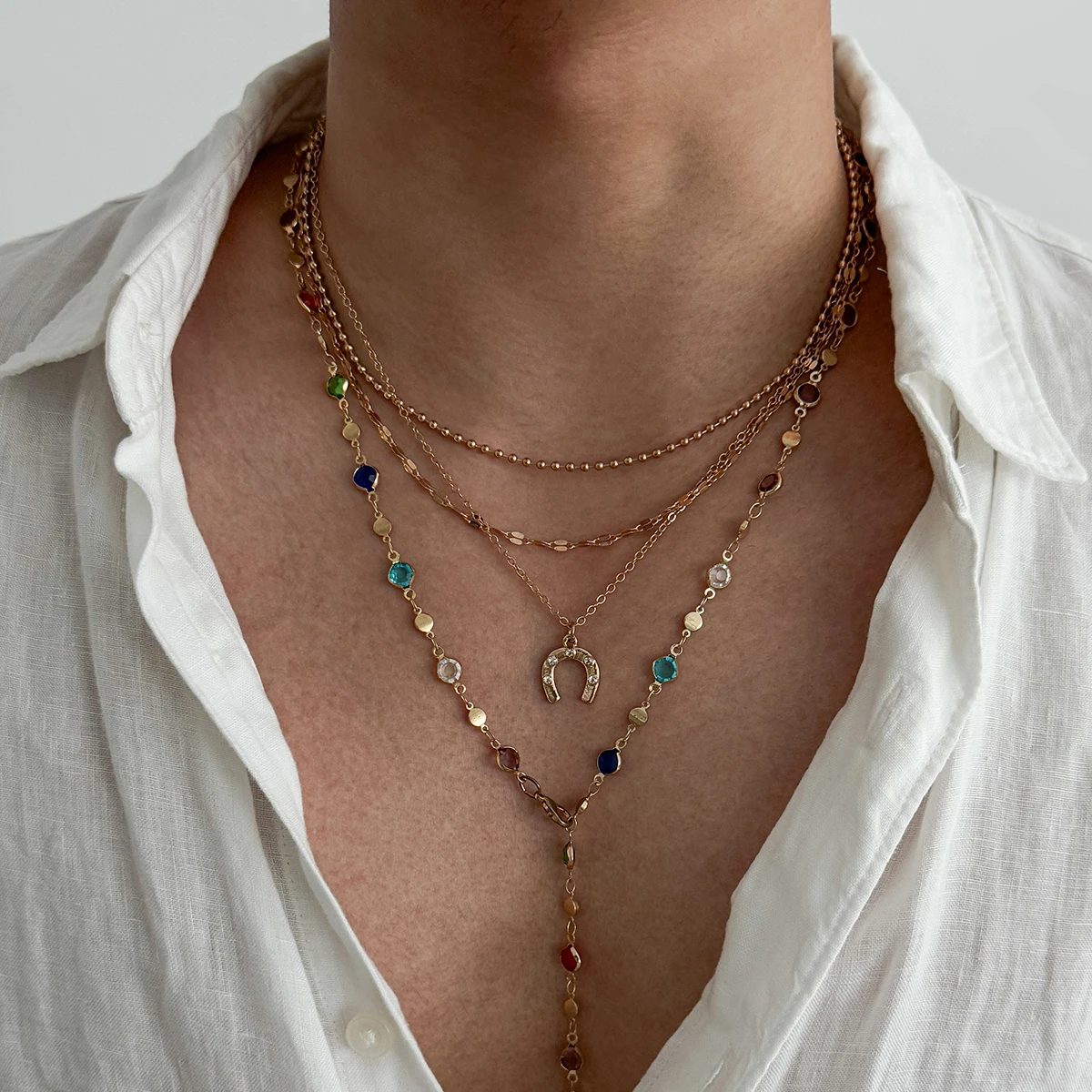 Ingemark 4Pcs/Set Exquisite Inlay Colorful Crystal Necklace Men Punk Metal Adjustable Choker Neck Chain Y2K Jewelry Accessories
