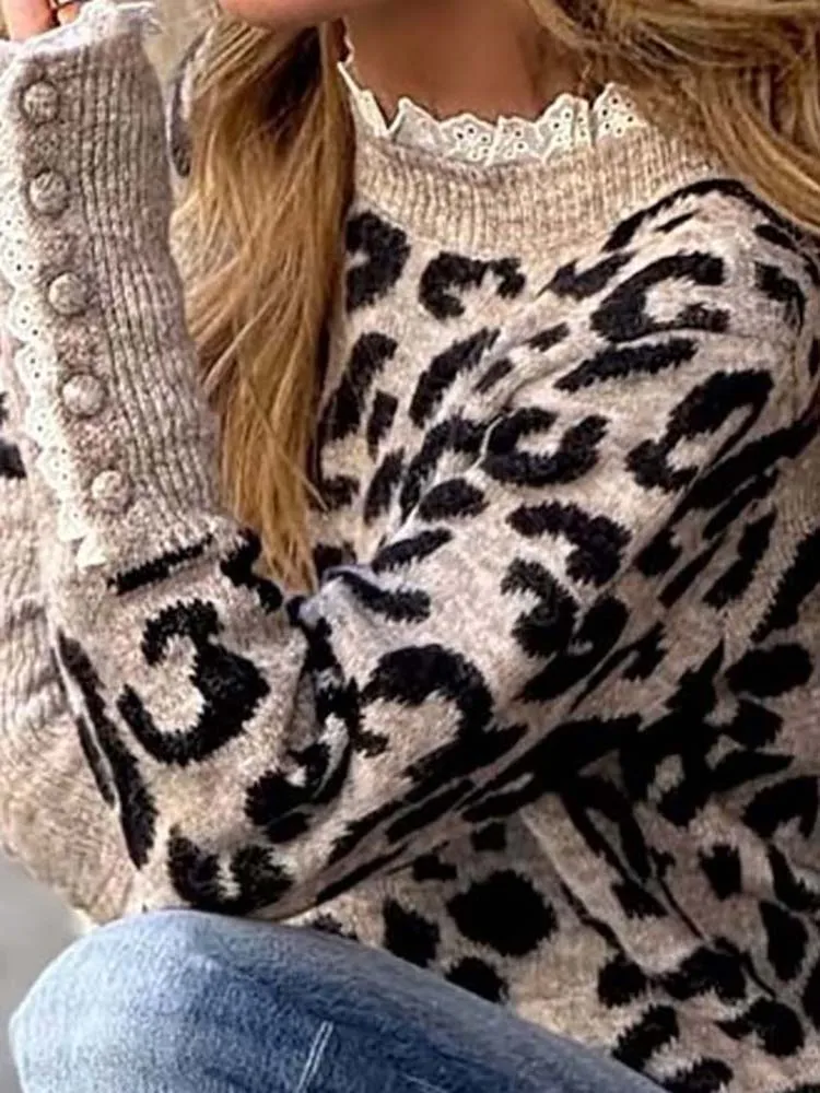 

Lace Patchwork Long Sleeved Autumn Sweater Retro Leopard Print Loose Commuting Pullover Casual Streetwear O-neck Knitted Sweater