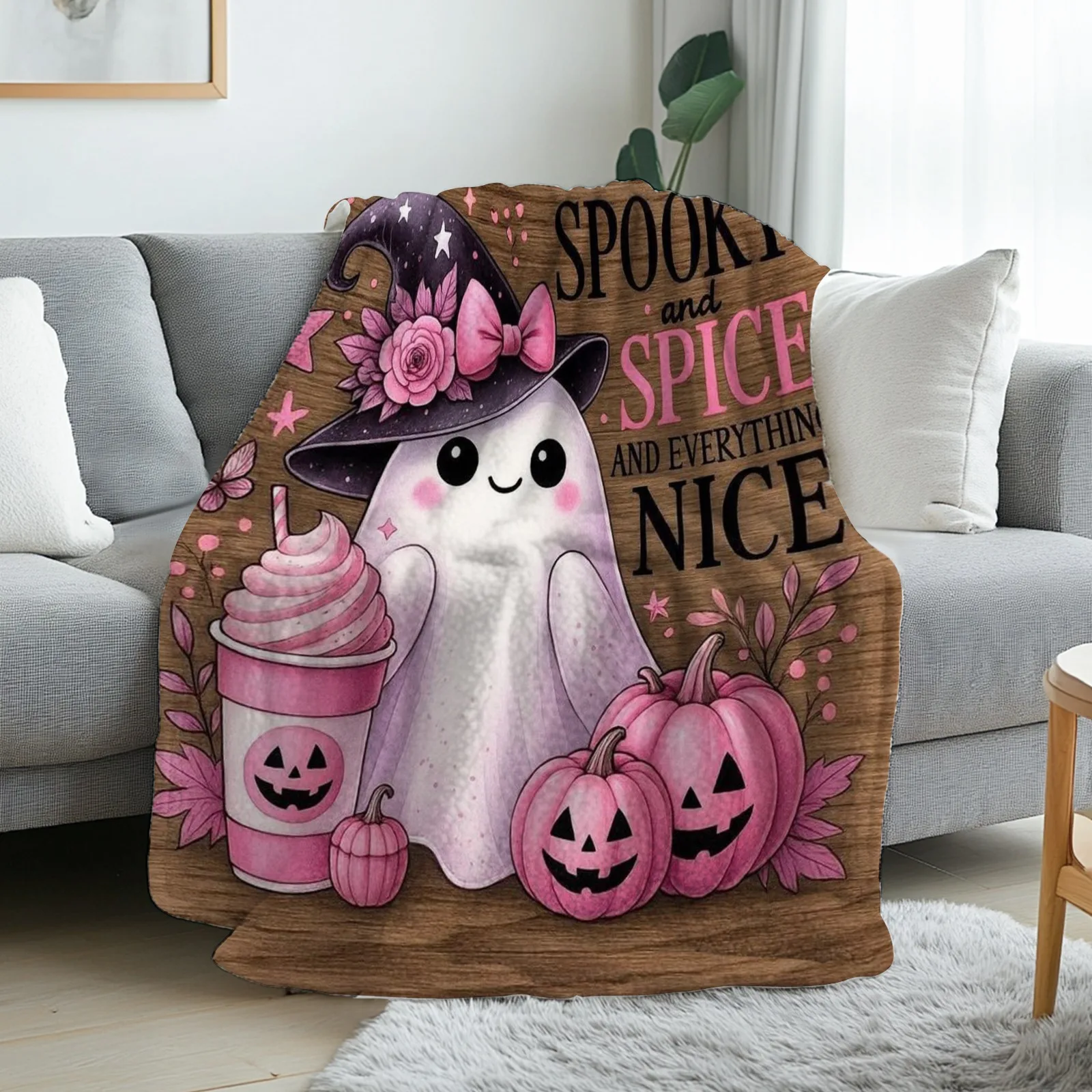 1pc Cute & Pink Pumpkin Flannel Blanket - Soft Warm 280gsm All-Season Cozy Throw with Spooky Halloween & Fall Decor, Contemporary Bedspread for Sofa, Bed, Living Room - Machine Washable, Pastel Pink & Brown Design, 