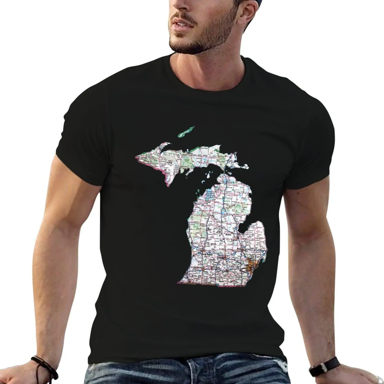 Michigan Roadmap T-Shirt Fashion Graphic Tee for Men