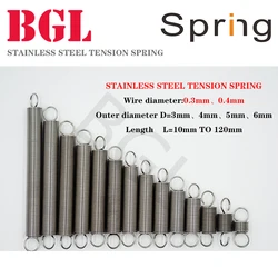 5-10pcs/lot Tension spring 0.3mm 0.4mm 304 stainless steel extension spring OD 3mm-6mm length10mm to 120mm