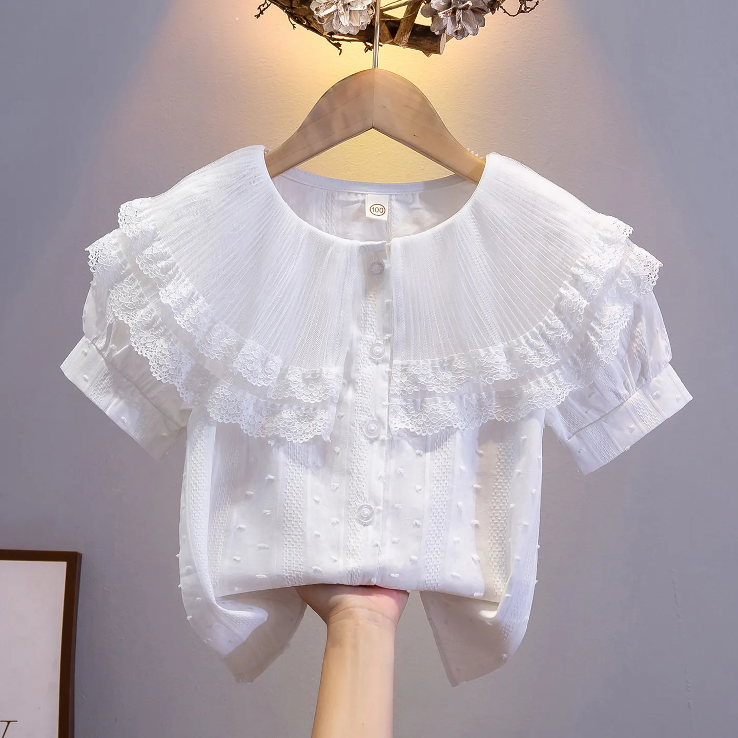 Girls blouse Short Sleeve Shirt White Lace Summer Elementary School Doll Collar Large Lapel Cotton Top