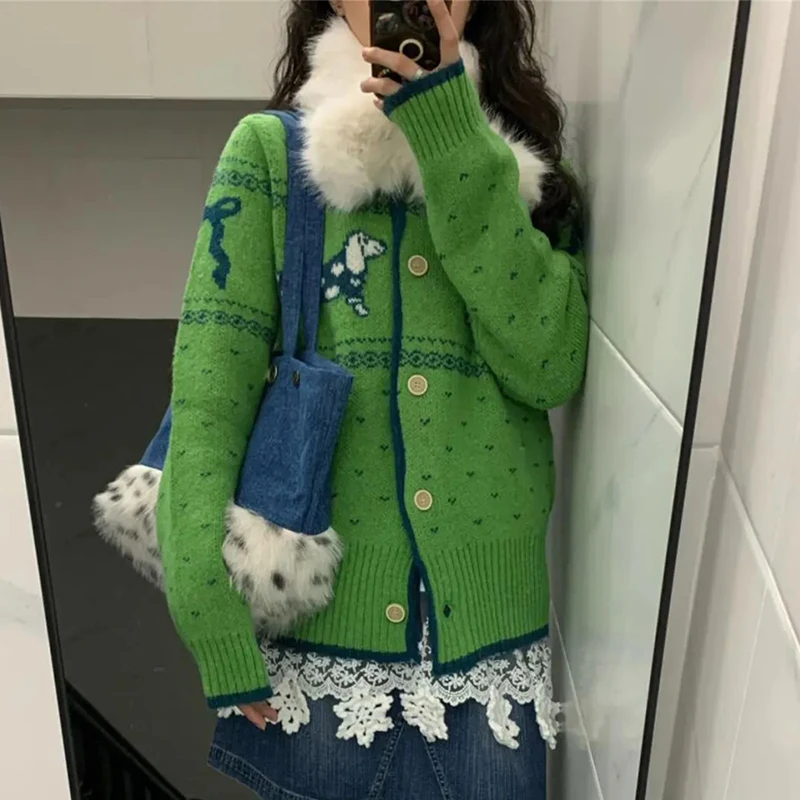 الأخضر خمر الجاكار سترة متماسكة المرأة الحلو Preppy كم طويل س الرقبة سترة الكورية فضفاضة عادية Harajuku زر القمم جديد