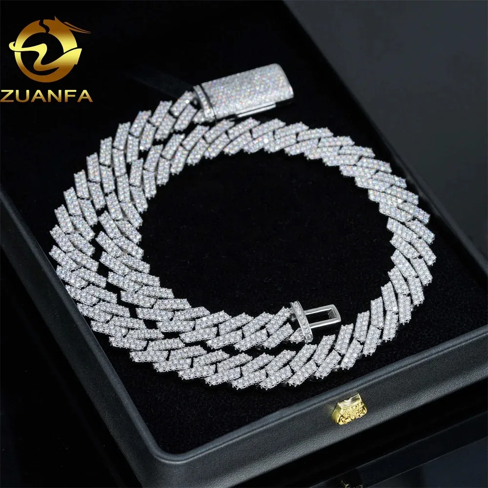 Jewelry Zuanfa Hip Hop Iced Out Miami Cuban Link 13mm 2 Rows Solid Gold Plated 925 Silver VVS Moissanite Cuban Chain..