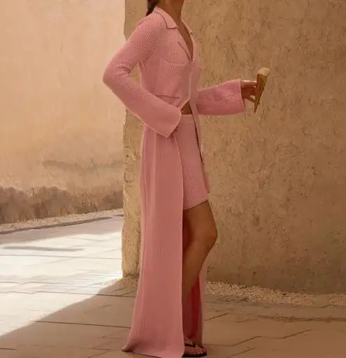 

Autumn Solid Color Lapel Long Sleeved Extra Long Jacket and High Waisted Straight Leg Skirt Set for Women's Elegant Slim Fit Set