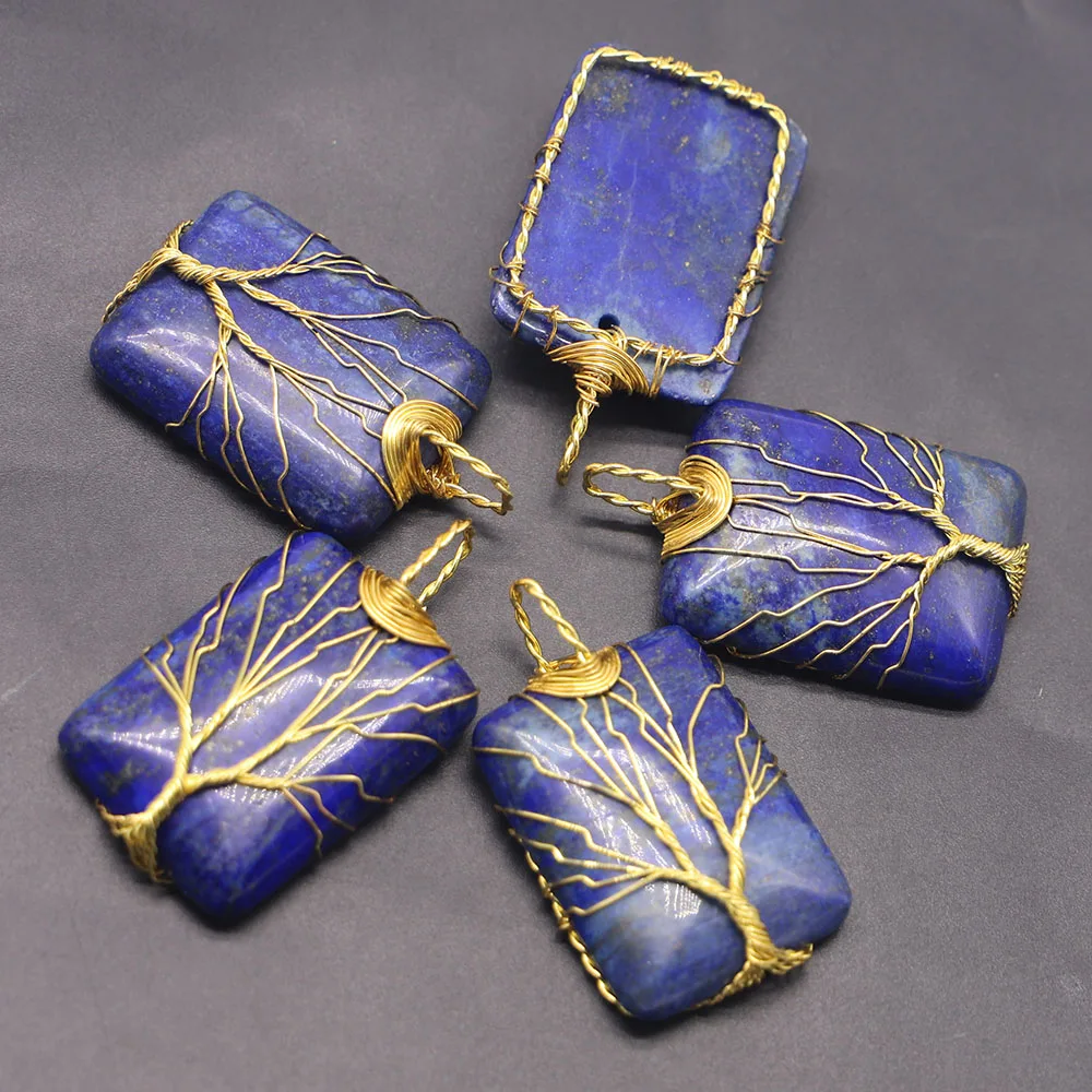 Natural Stone Lapis Lazuli Square Necklaces Pendants Gold Wire Winding Handmade Wrap Tree Of Life Charms Jewelry Wholesale 4Pcs