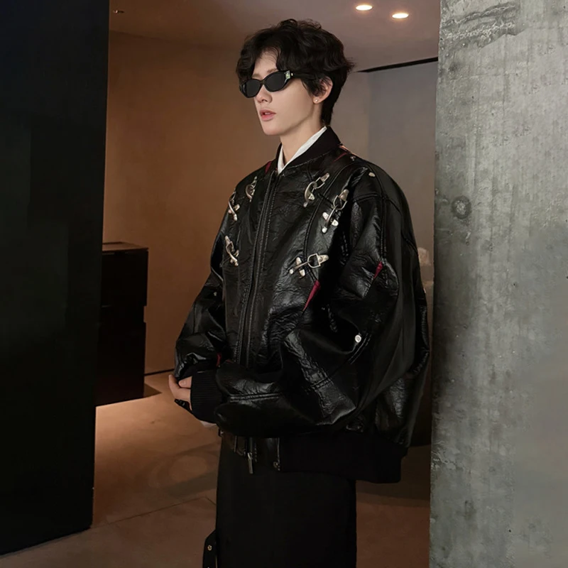 LUZHEN 2026 Winter Fashion Metal Buckle Decorate Patchwork Design Stand Neck Leather Jacket Men's Handsome Casual Clothes JY5788