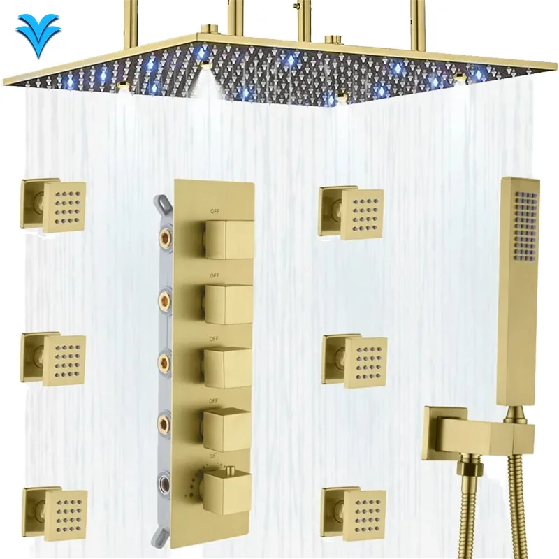 

180 Degree Adjustable Brass Handheld Showerhead Dual Ceramic Thermostatic Faucet Wall-Mounted Top Spray Rain Brushed Gold