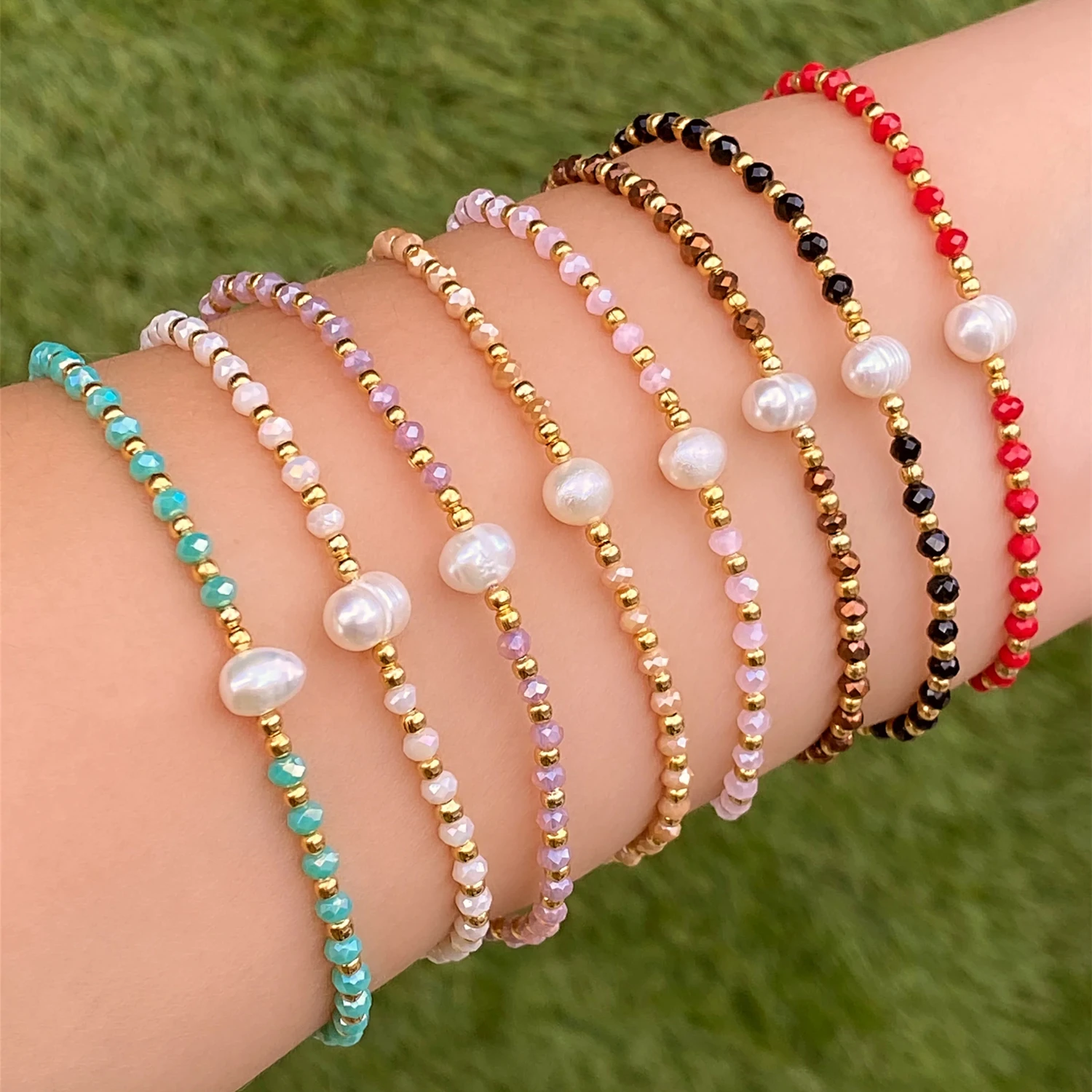 Vlen Bracelet Multicolor Crystal Beads Natural Pearl Bracelets for Women Fashion Adjustable String Jewelry