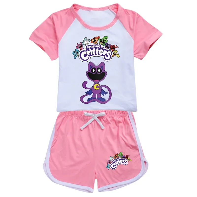 Juego de camisetas de Critters sonrientes para niños y niñas, ropa de dormir de verano, Tops de manga corta con siesta de gato, pantalones cortos, conjuntos de 2 piezas