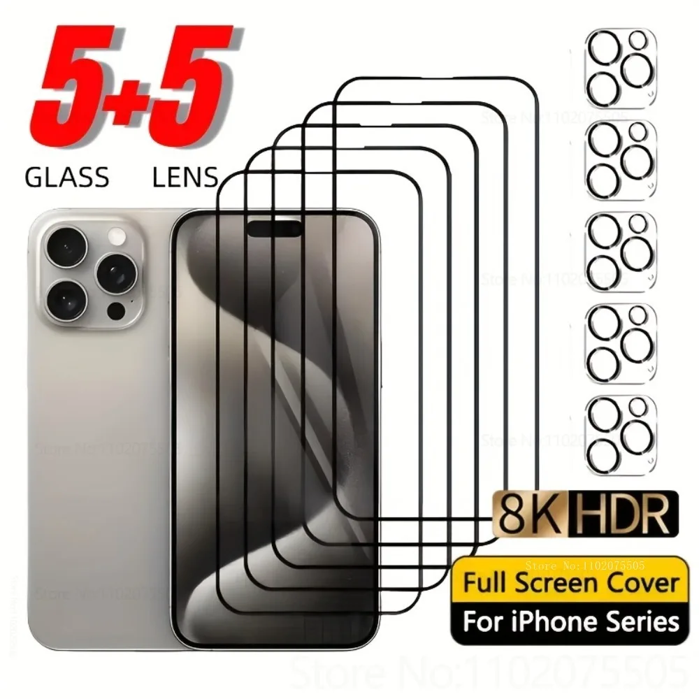 

[10-in-1]5Pcs 9D Tempered Glass+5Pcs Lens Camera Protection for IPhone 16 Promax 14 15 Plus 12 11 Pro 13 Promax 13 Mini 16E Film