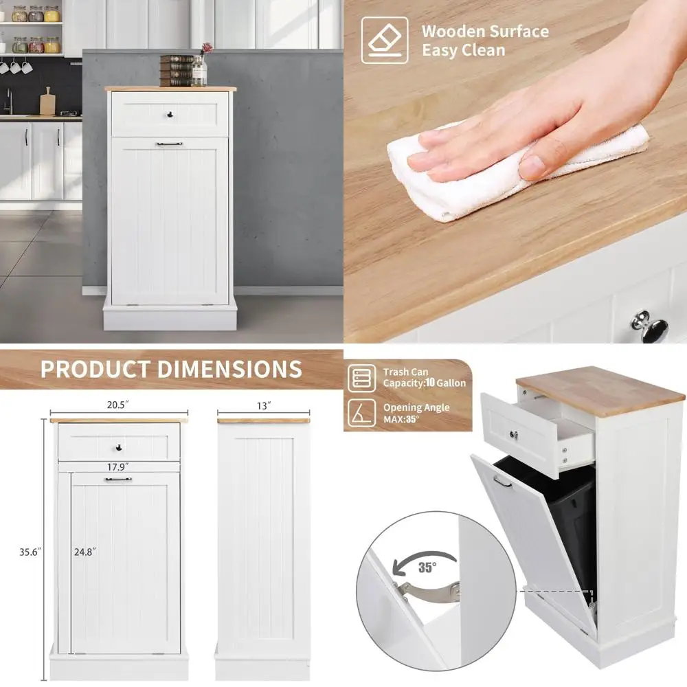 

10 Gallon Wooden Free Standing Laundry Sorter Cabinet with Hideaway Drawer and Recycling Bin, Tilt-Out Trash Storage Solution