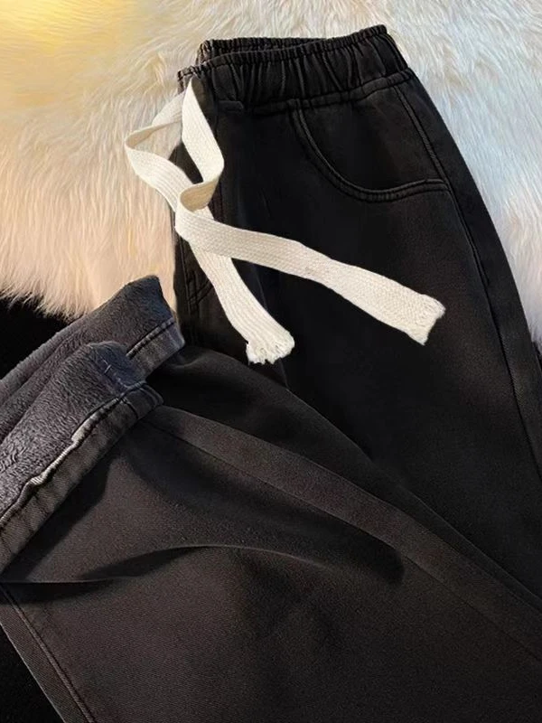 Thickened Fleece Straight Leg Jeans Women Winter New Small Size Wide Leg Cotton Elastic Waist Autumn Winter Pants view 4