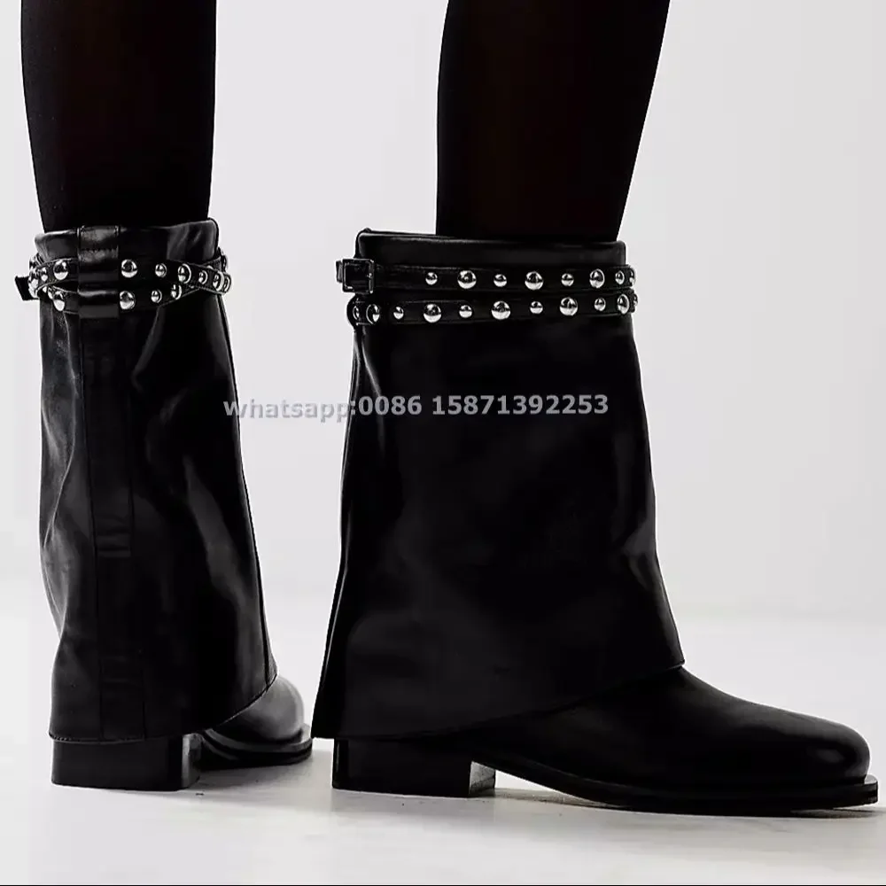 

Rivet Turned-Over Edge Ankle Boots Round Toe Square Heel Belt Buckle Retro Black Sleek Modern Boots Solid Fold Down Shoes Autumn