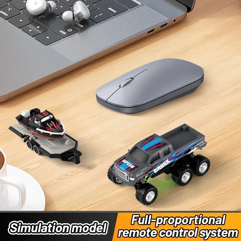 Mini Alloy Remote Control Six Wheel Off Road Pickup Truck with Trailer Boat Cool Light Auto Demo Car Desktop Toy Gifts for Boy