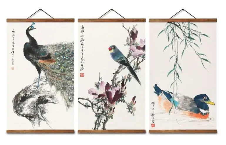 

MT0317 Chinese Style flowers birds Peacock Decorative Wall Art Posters Solid Wood Scroll Paintings