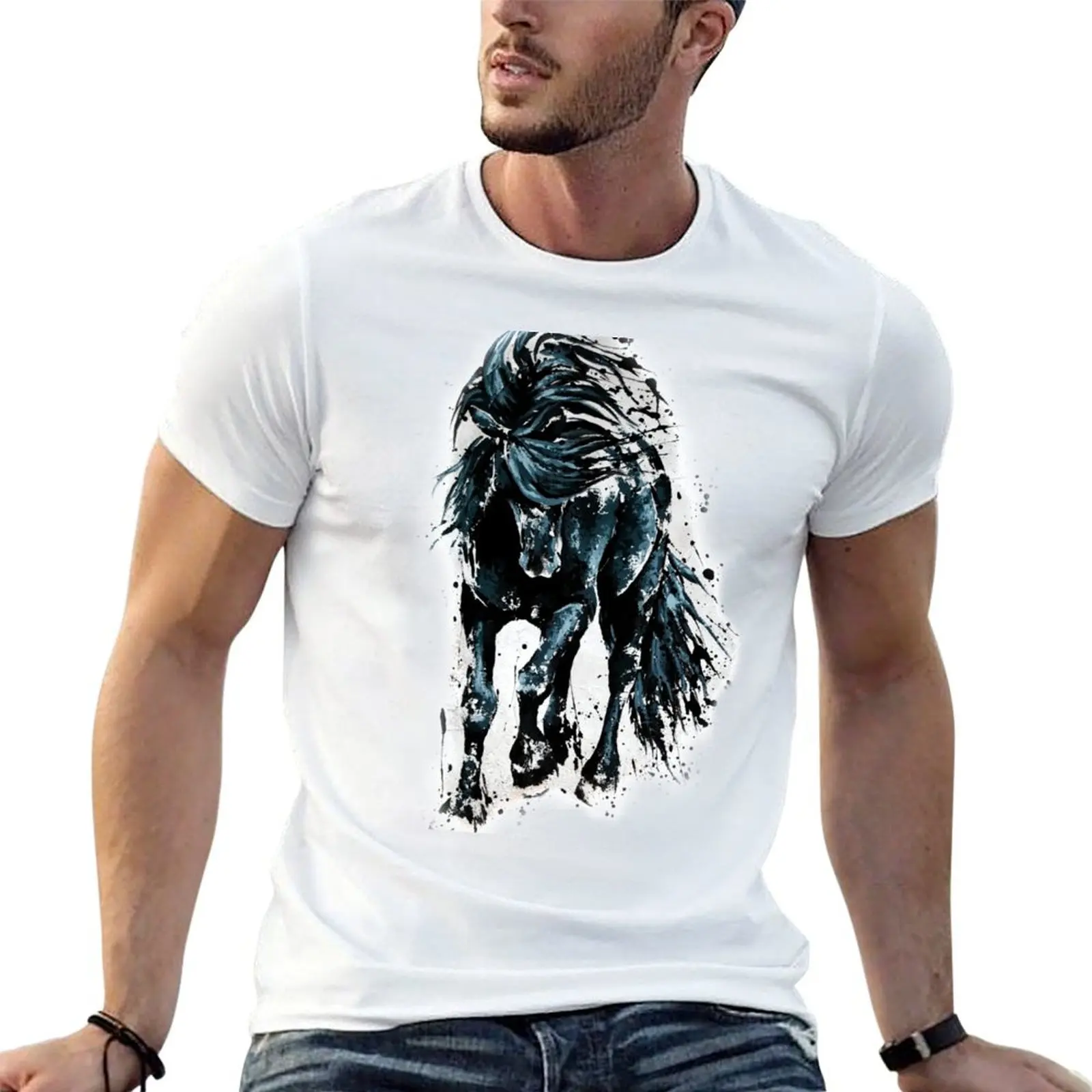 Black Pearl Horse Painting T-Shirt Graphic Print Short Sleeve T-Shirt
