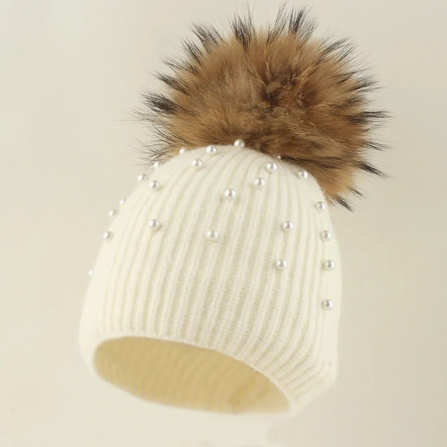 

Hat Pompom Real Raccoon Fur Women Winter Knit Beanie Autumn Warm Skiing Accessory For Sports Outdoors