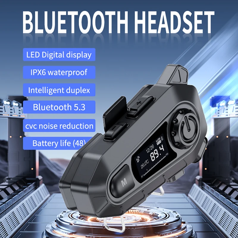 

A1 гарнитура для мотоциклетного шлема Bluetooth 5,3 громкая связь со светодиодным цифровым дисплеем IPX6 водонепроницаемый шумоподавление