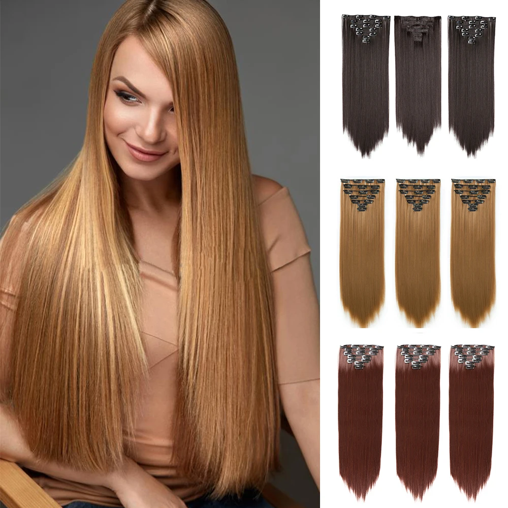 Synthetic 16 card seven piece clip hair wig set for foreign trade ， fashionable hair extensions and wigs Clip hair