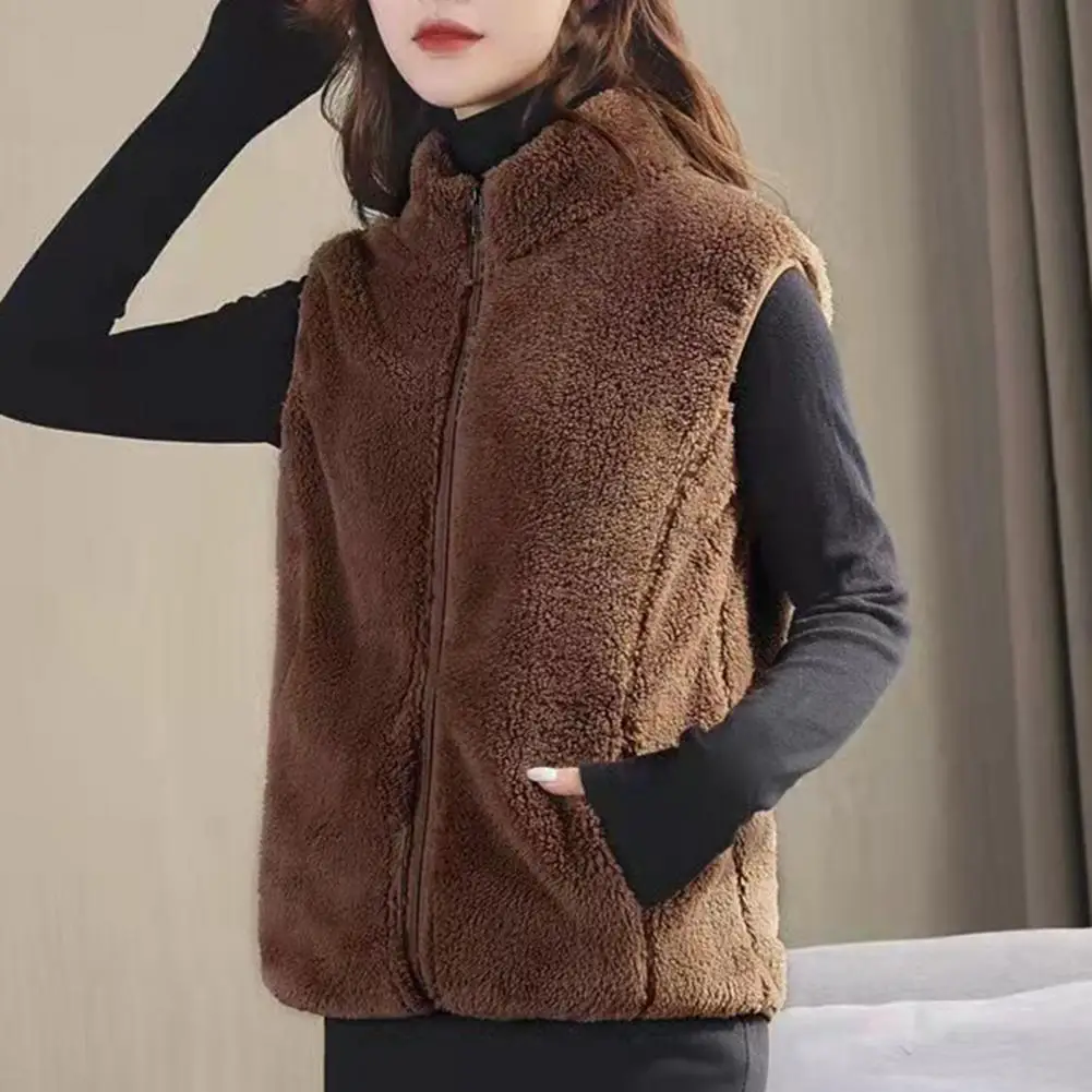 Fall Winter Women Vest Coat Stand Collar Sleeveless Thickened Plush Zpper Clsoure Neck Protection Pockets Solid Lady Waistcoat