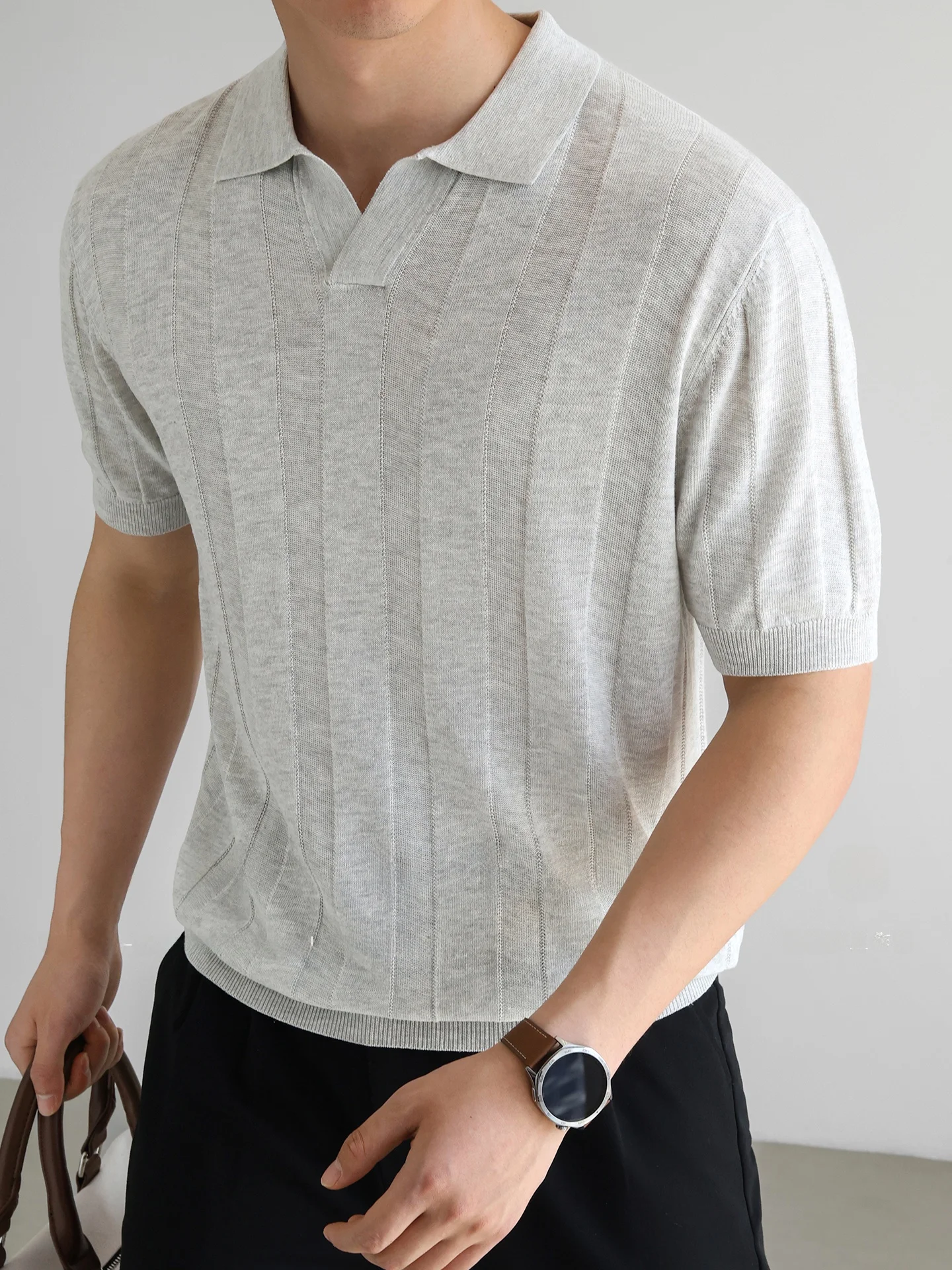 Cool Feeling Mixed Knitted Short Sleeve  Shirt Men Summer Breathable Linen Lyocell Fiber Blend Texture T-Shirt  Top