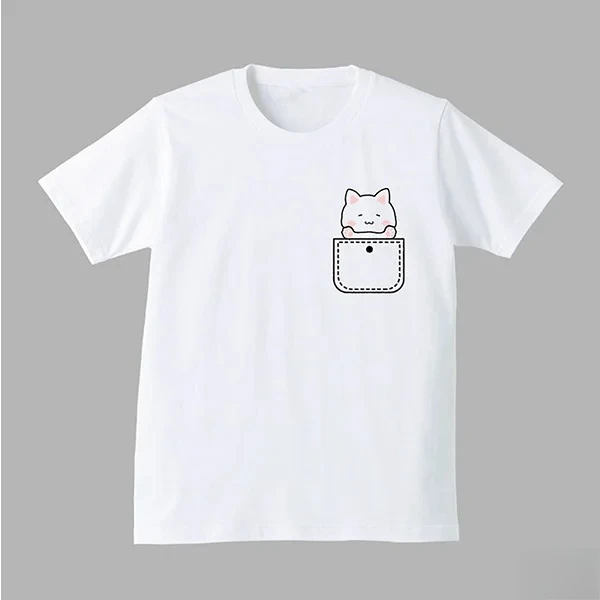 Minimalist Cat Print Short Sleeve Tee White Casual Crew Neck Tee with Cute Kitten Graphic Korean Aesthetic Soft Style Women Top