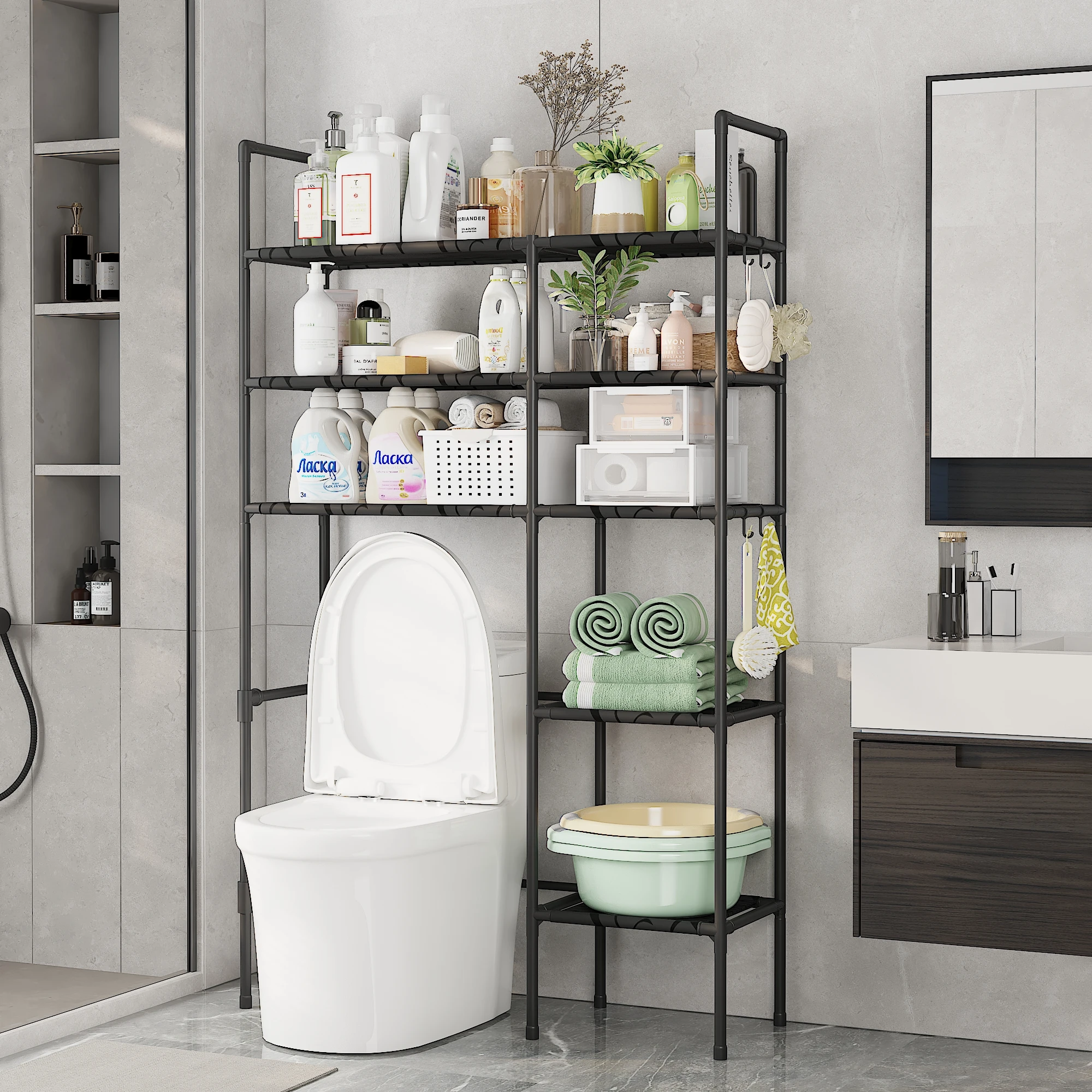 2/3 Tier Bathroom Storage Cabinet - Space-Saving, Over-The-Toilet Storage Shelf, Easy to Assemble, Suitable for Bathroom Essentials with Rust-Proof Metal Frame and Plastic Dividers, Ideal for Storing Toiletries, Towels, and Decorations, Modern Bathroom Organizer | Durable Construction, Shower Enclosure