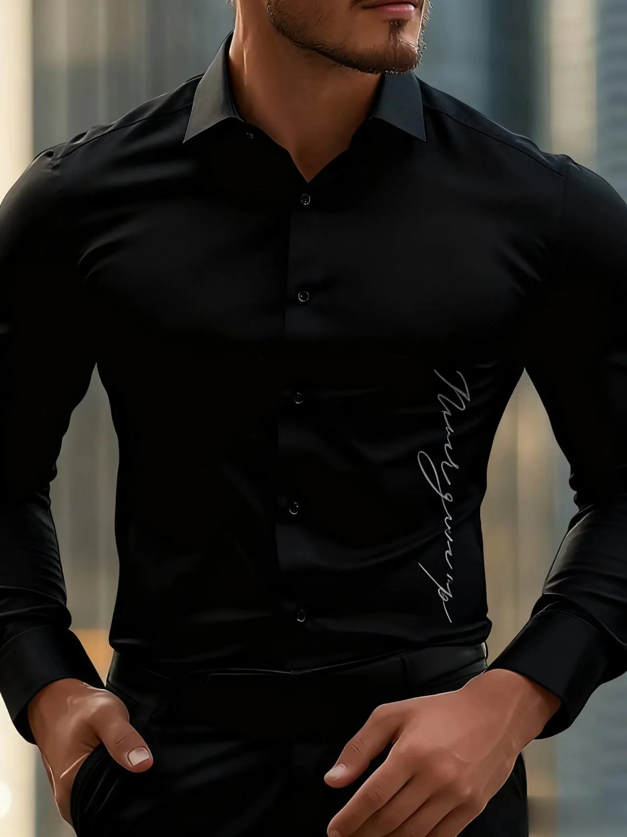 New trend, men's solid-color professional shirts, elegant button-down shirts, long-sleeved lapel style, comfortable and casual s