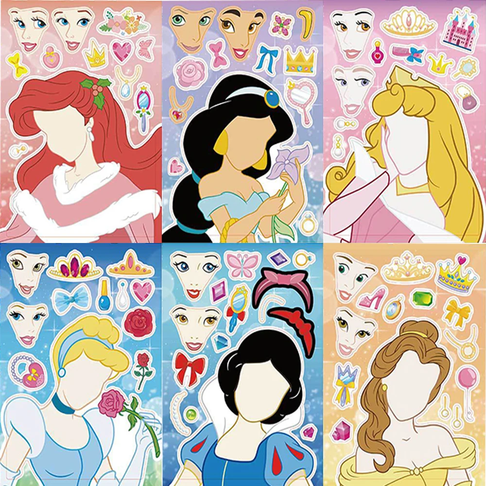 8/16Sheets Cartoon Disney Princess Puzzle Stickers Make-a-Face DIY Assemble Jigsaw Educational Party Favors Scrapbooking Sticker - view 3