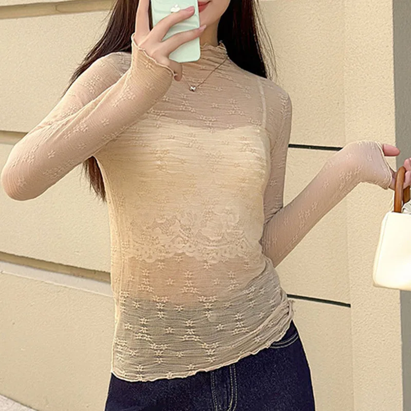 بلوزة كورية مكشكشة نصف عالية الياقة المدورة وأكمام طويلة قمصان جديدة مثيرة من الدانتيل الشبكي بلوزات شفافة أنيقة تناسب الجميع