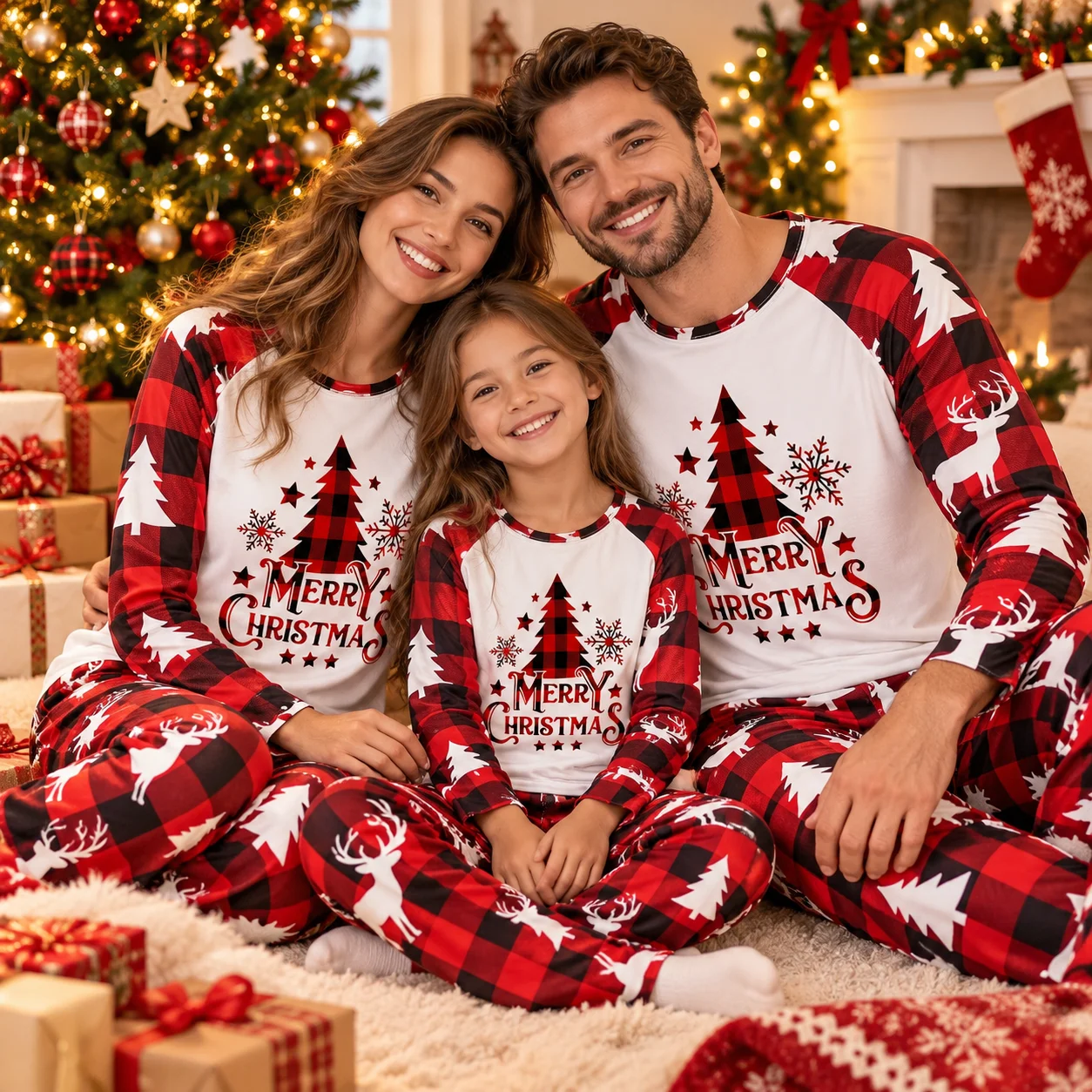 Christmas Family Matching Outfits Mom Dad Kids 2 Pieces Pajamas Set Casual Loose Sleepwear Xmas Family Look Pyjamas