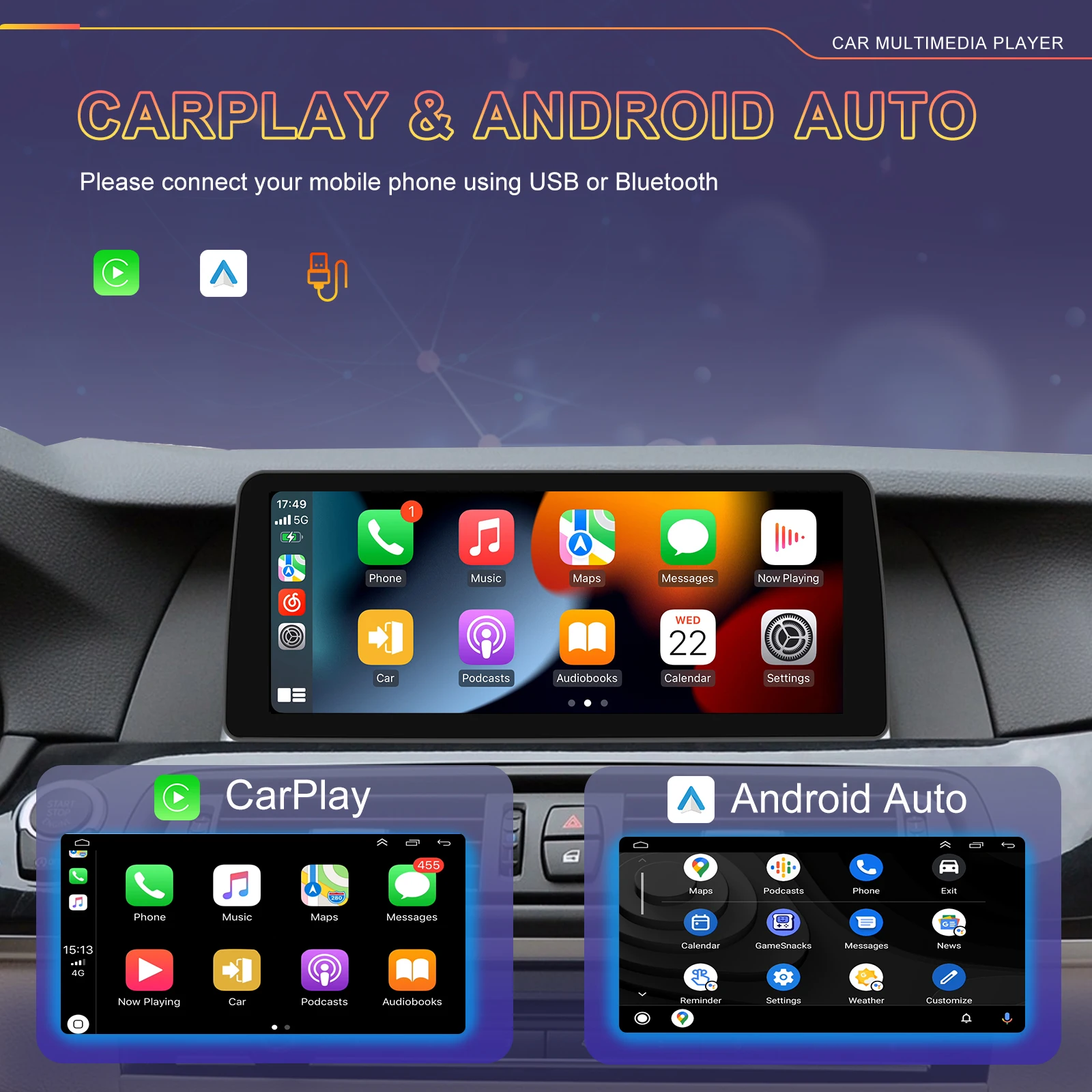 Podofo Android GPS Car Stereo Radio 12.3inch For BMW 5 series F10 2013-2017 8Core 8+128G 4GWIFI GPS Bluetooth Carplay Autoradio