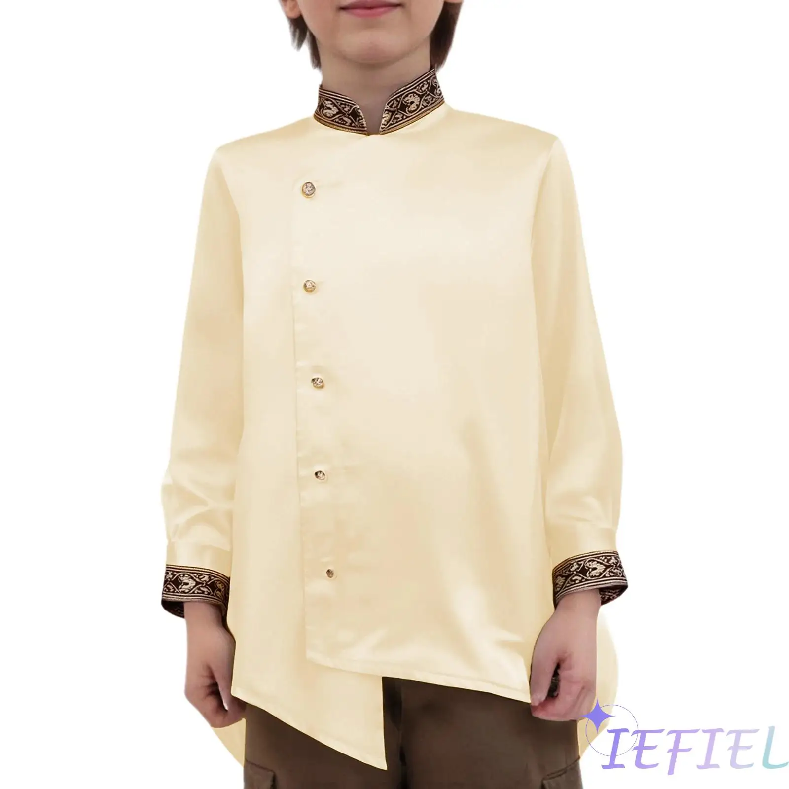 

Comfortable Boys Ethnic Shirt Asymmetrical Indian Kurta Design And Stand Collar Tops for Cultural Events And Religious Festival