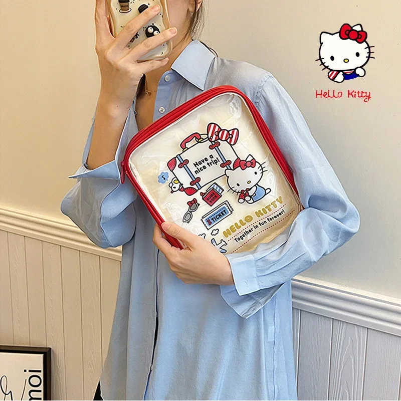 

New Sanrio Hello Kitty Cartoon Handheld Bag Transparent Pvc Large Capacity Tablet Storage Bag Portable Visual Women'S Makeup Bag