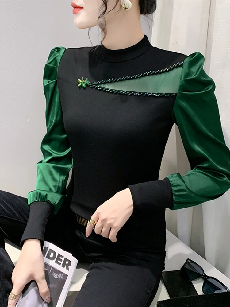 

Winsleter Streetwear Clothes Tshirt Long Lantern Sleeve Tees Women Mock Neck Beaded Slim Tops Autumn Spring New T30401JM