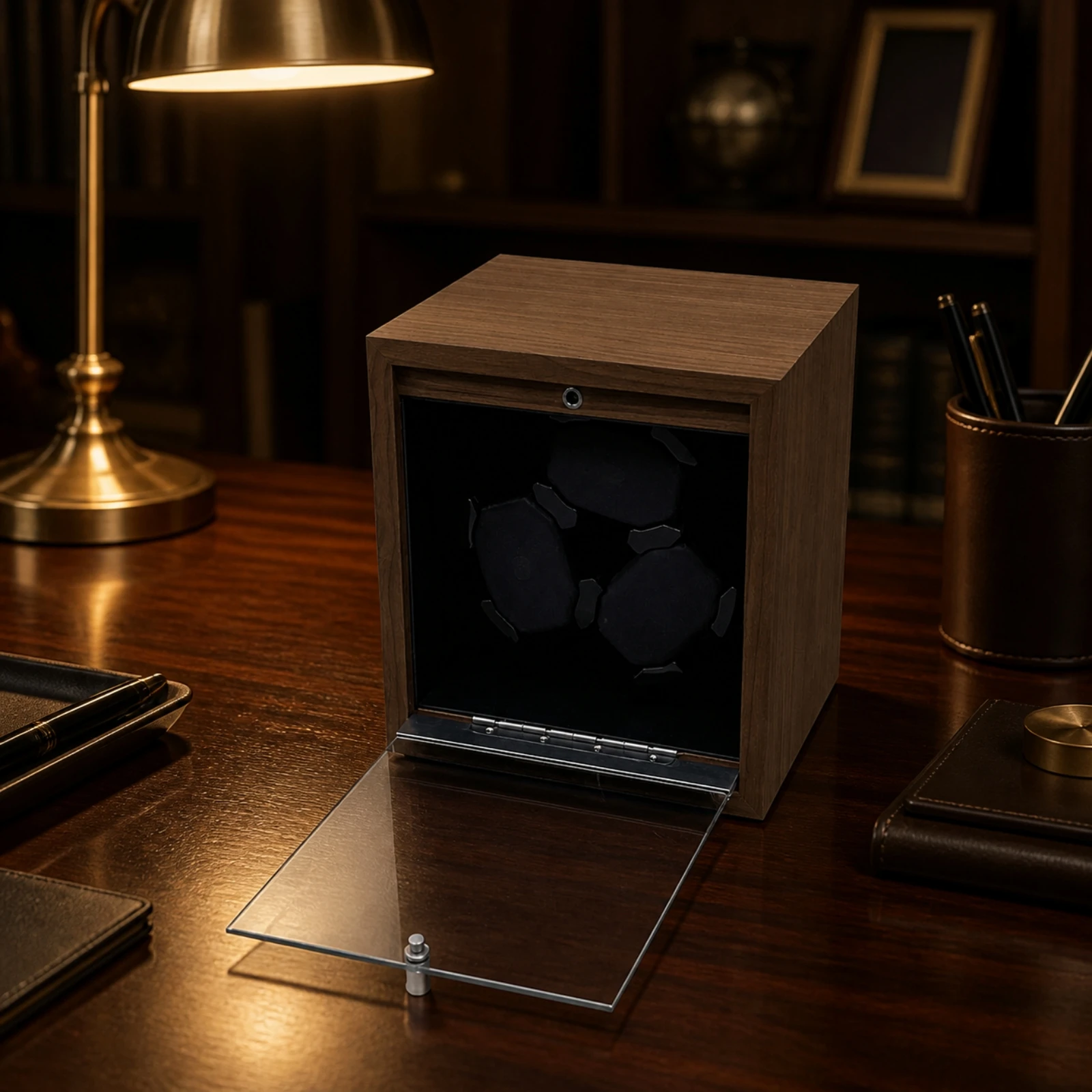 Wooden Watch Winder with Glass Door Wood-Grain Finish Automatic Watch Winder Compact Space-Saving for Bedroom, Dressing Area