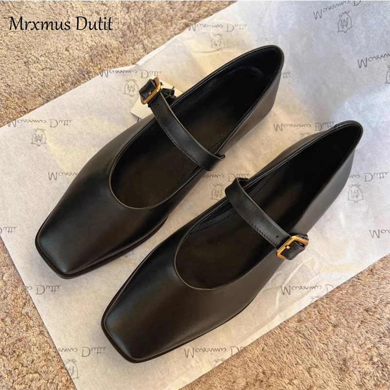 Mrxmus Dutit 2023 Fashion Women New Genuine Leather Square Head Shallow Flat Mary Jane Shoes Casual Solid Simple Shoes Female