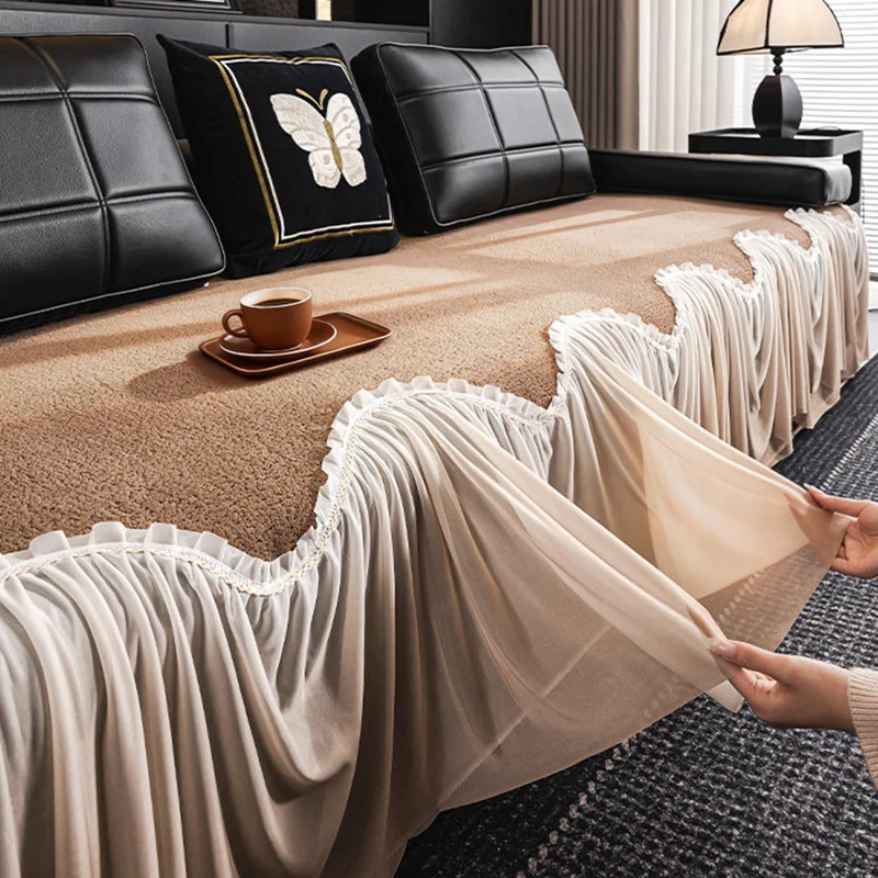High-End Solid Color Skirt Sofa Cushion Retro Anti-Stain Furniture Protection Slipcover Anti-Scratch Sofa Cover for Four Seasons
