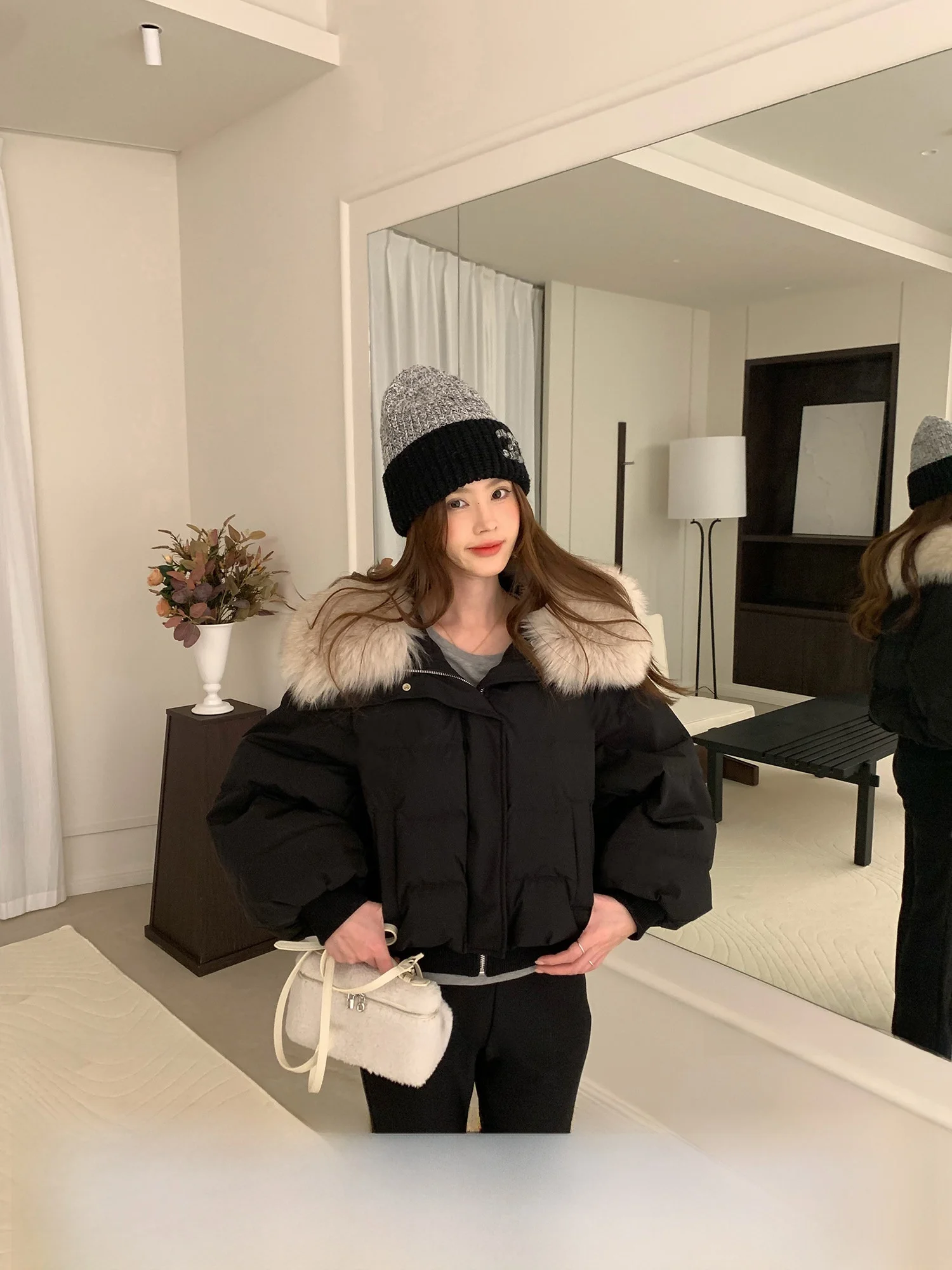 

Зимняя пуховая куртка HuaHua с меховым воротником, легкая, пушистая, для снежных погодных условий, женская, в корейском стиле, свободного кроя, из полиэфирного волокна