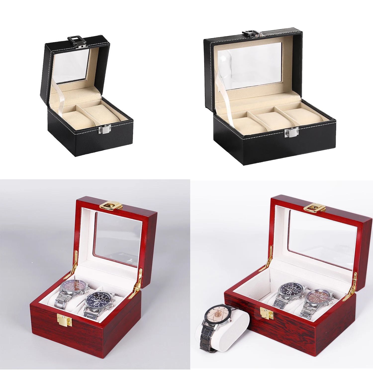 WellZone 2/3 Slots Promotion Red Wooden/PU Watch Box With Pillow Leather Wristwatch Display Case Organizer For Holiday Gift