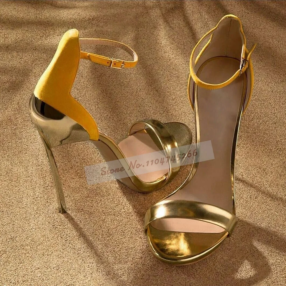 

Golden Metal Wine Glass Shaped Heel Sandals Thin Blade Heel Color Patchwork Buckle Strap Dress Shoes Yellow Sky Blue Matched