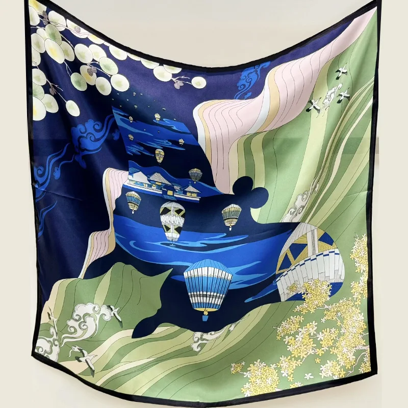 Summer and Autumn Printed Scarf Women's Square Plain Satin High-Grade Headcloth French Style Large Kerchief Arm Bag Shirt